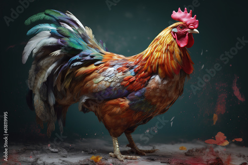 Image of colorful chicken standing on nature background. Farm animal. illustration, generative AI. © yod67