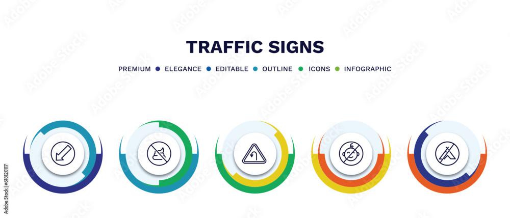 set of traffic signs thin line icons. traffic signs outline icons with infographic template. linear icons such as keep left, no pooping, left hair pin, no children, no camping vector. set of traffic signs thin line icons. traffic signs outline icons with infographic template. linear icons such as keep left, no pooping, left hair pin, no children, no camping vector.