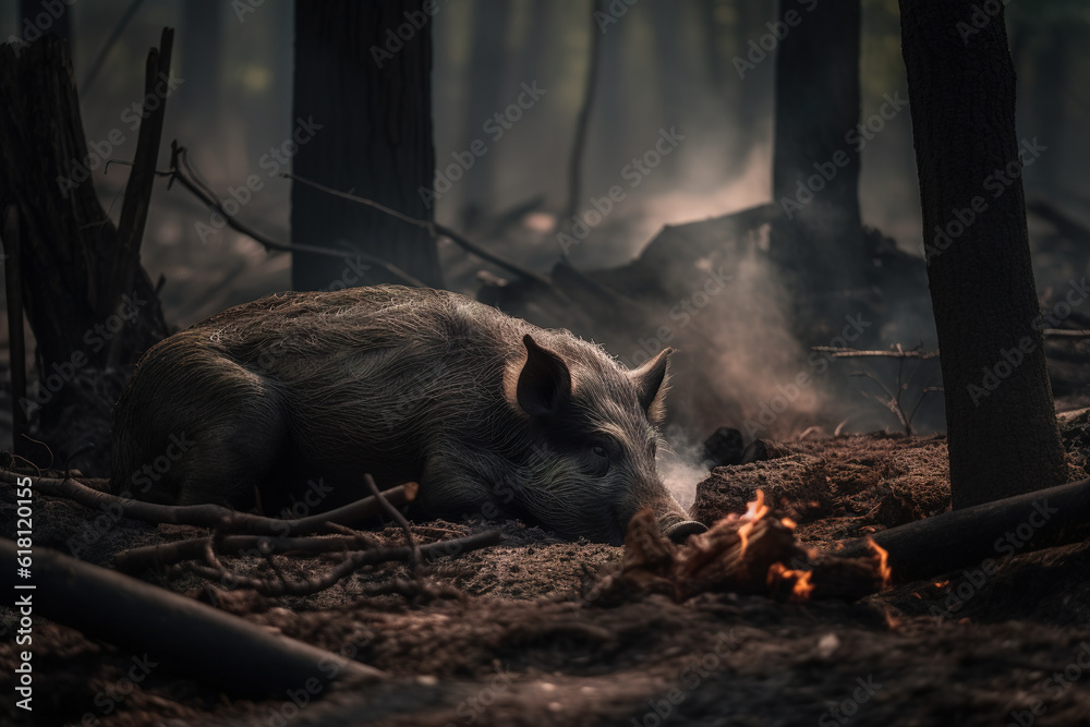 Image of boar exhausted in the midst of wildfires and smoke. Wildlife