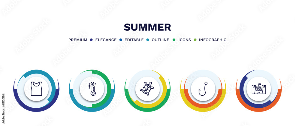 set of summer thin line icons. summer outline icons with infographic template. linear icons such as sleeveless, summer temperature, sea turtle, fish and hook, sand castle vector. set of summer thin line icons. summer outline icons with infographic template. linear icons such as sleeveless, summer temperature, sea turtle, fish and hook, sand castle vector.