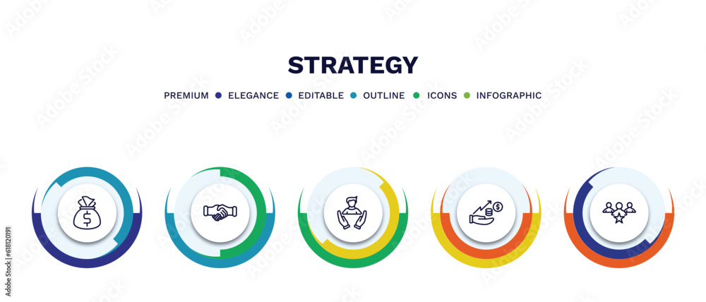 set of strategy thin line icons. strategy outline icons with infographic template. linear icons such as money bag, handshake, human resources, investment, leader vector. set of strategy thin line icons. strategy outline icons with infographic template. linear icons such as money bag, handshake, human resources, investment, leader vector.