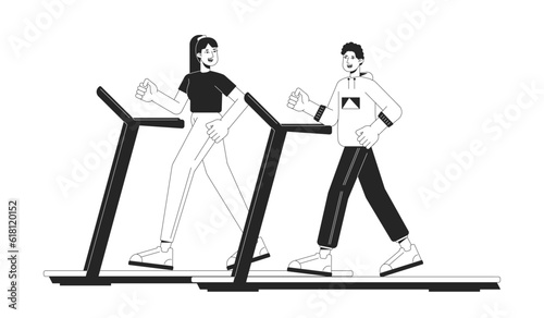 Active people on treadmills flat line black white vector characters. Editable outline full body sportsmen. Sport in gym simple cartoon isolated spot illustration for web graphic design