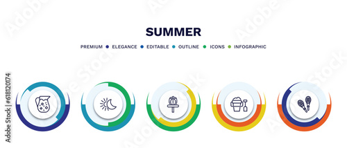 set of summer thin line icons. summer outline icons with infographic template. linear icons such as sangria, solstice, disc golf, sand bucket and shovel, rackets vector.