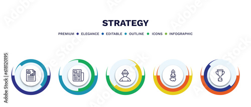 set of strategy thin line icons. strategy outline icons with infographic template. linear icons such as report, newspaper, worker, startup, trophy vector.