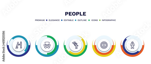 set of people thin line icons. people outline icons with infographic template. linear icons such as plumber working, hat and glasses, man child and balloons, man with target, protective suit vector.