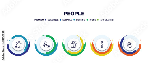 set of people thin line icons. people outline icons with infographic template. linear icons such as sweeper working, radiologist working, hugging, man with crown, partners claping hands vector.