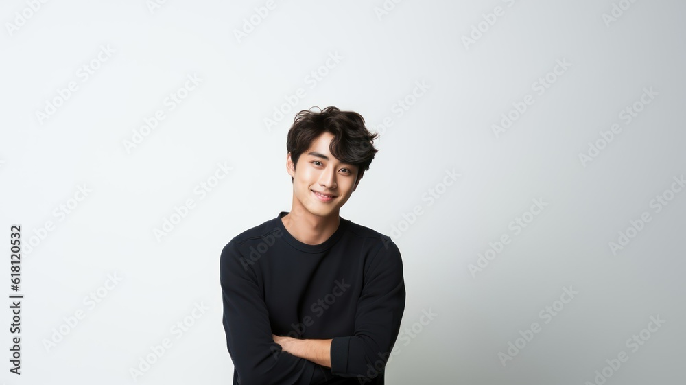 Portrait of a fictional young Korean man happy and smiling. Isolated on plain background. Generative AI illustration. Portrait of a fictional young Korean man happy and smiling. Isolated on plain background. Generative AI illustration.
