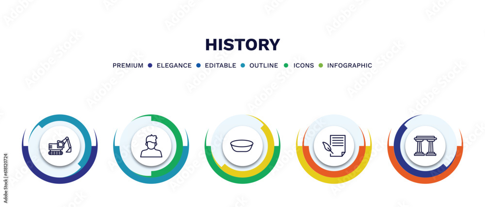 set of history thin line icons. history outline icons with infographic template. linear icons such as digger, staff, bowl, poster, pillars vector. set of history thin line icons. history outline icons with infographic template. linear icons such as digger, staff, bowl, poster, pillars vector.