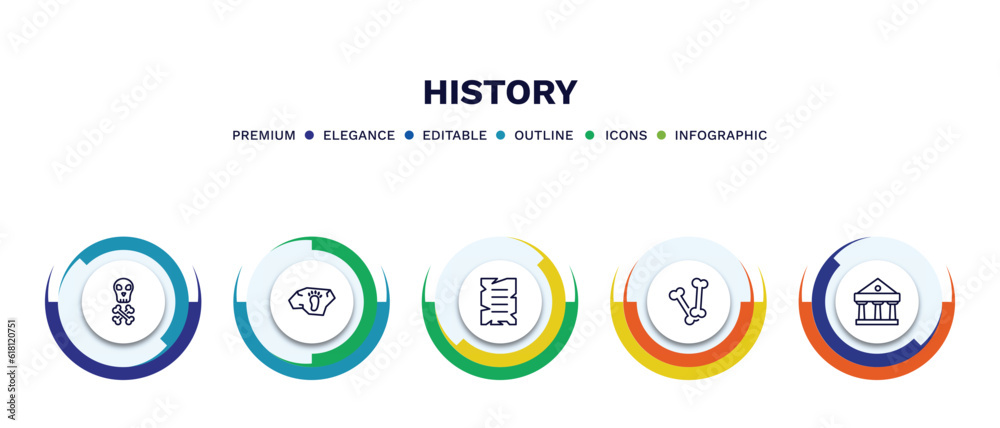 set of history thin line icons. history outline icons with infographic template. linear icons such as skeleton, footprint, old paper, bones, pantheon vector. set of history thin line icons. history outline icons with infographic template. linear icons such as skeleton, footprint, old paper, bones, pantheon vector.