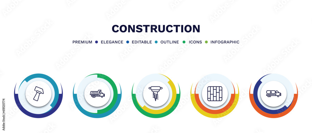 set of construction thin line icons. construction outline icons with infographic template. linear icons such as inclined hammer, , pickaxes drilling, fuel truck