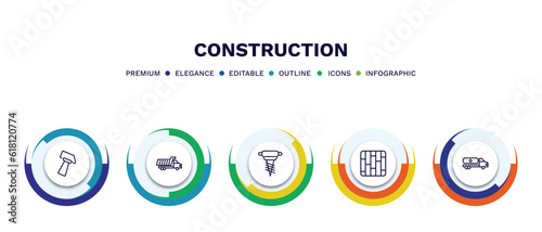 set of construction thin line icons. construction outline icons with infographic template. linear icons such as inclined hammer, , pickaxes drilling, fuel truck © Abstract