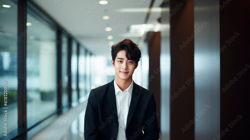 Portrait of a fictional young Korean businessman wearing a suit in an office. Generative AI illustration. Portrait of a fictional young Korean businessman wearing a suit in an office. Generative AI illustration.