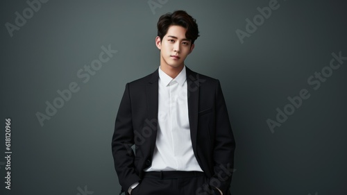 Portrait of a fictional young Korean businessman wearing a suit, isolated on gray background. Generative AI illustration.