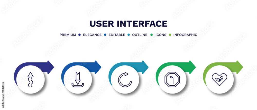set of user interface thin line icons. user interface outline icons with infographic template. linear icons such as up arrow with scribble, curved downward arrow, update arrow, turn left only, set of user interface thin line icons. user interface outline icons with infographic template. linear icons such as up arrow with scribble, curved downward arrow, update arrow, turn left only,