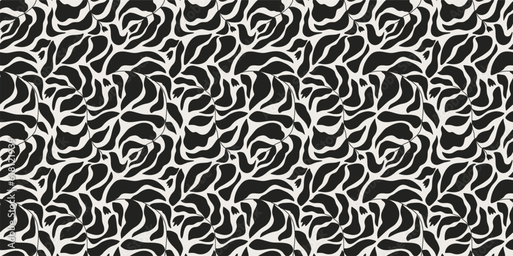 Floral Matisse leaves seamless pattern. Tropical curved plants in black color. Abstract contemporary repeat background in vector. Plants hand drawn in minimal style for textile fabric, wallpaper print