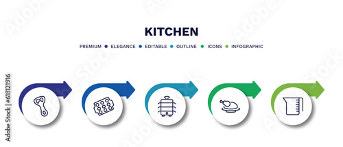 set of kitchen thin line icons. kitchen outline icons with infographic template. linear icons such as bottle opener, muffin pan, steamer, broiler, measuring cup vector.