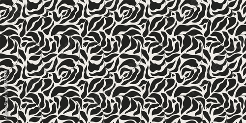 Fototapeta Naklejka Na Ścianę i Meble -  Floral Matisse leaves seamless pattern. Tropical curved plants in black color. Abstract contemporary repeat background in vector. Plants hand drawn in minimal style for textile fabric, wallpaper print