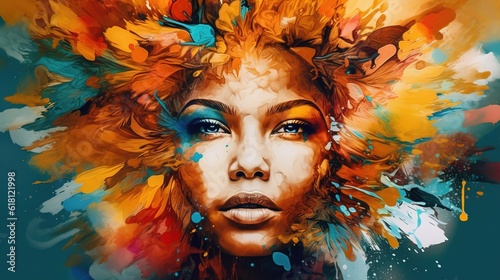 Abstract Art-inspired portrait of a vibrant woman. Surreal portrait of beautiful woman. Colorful hair. Unusual color work. digital art. Illustration of beautiful young woman. Generative Ai. © Svfotoroom