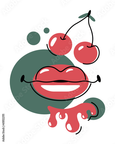 Juicy berry for healthy breakfasts. Women's lips smile. Air kiss. Cherry in flat outline style. Natural fresh juice. Design element for labels, stickers. Print for clothes. Seasonal summer berry.