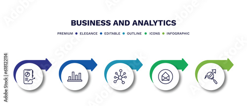set of business and analytics thin line icons. business and analytics outline icons with infographic template. linear icons such as mobile stock data, bar stats, connected data, business card, stock