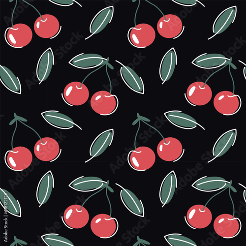 Seamless pattern with cherry branches on a dark background. Sweet, juicy berry for cooking. Print for printing on textiles, clothing and packaging. Delicious summer berry.