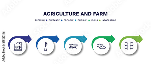 set of agriculture and farm thin line icons. agriculture and farm outline icons with infographic template. linear icons such as greenhouse, lamppost, combine harvester, bread, honeycomb vector.