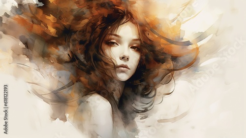Abstract Art-inspired portrait of a vibrant woman. Surreal portrait of beautiful woman. Colorful hair. Unusual color work. digital art. Illustration of beautiful young woman. Generative Ai.