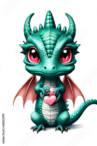 Cute baby dragon with hearts, love concept, valentine's day. Transparent background, generative ai