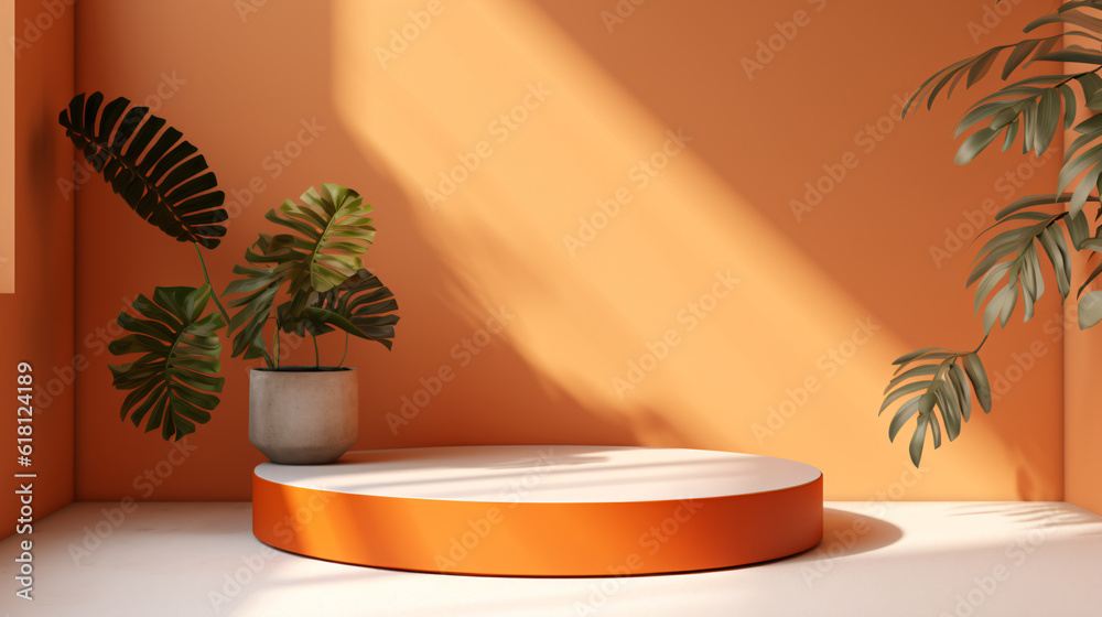 3D rendering e-commerce background booth base, 3D display stand with green plants 3D rendering e-commerce background booth base, 3D display stand with green plants