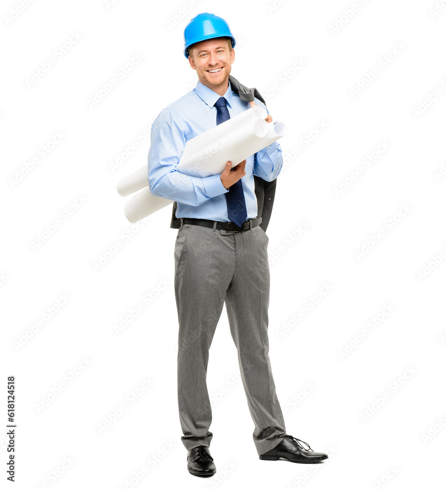 Engineering, blueprint and happy with portrait of man in studio for architecture, designer and building, Graphics, floor plan and construction with male contractor on white background for inspection Engineering, blueprint and happy with portrait of man in studio for architecture, designer and building, Graphics, floor plan and construction with male contractor on white background for inspection