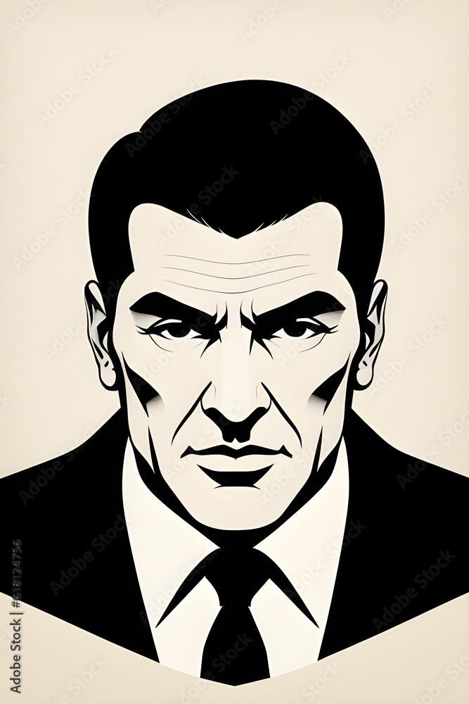 illustration of a headshot of a male mafia boss. (AI-generated fictional illustration) illustration of a headshot of a male mafia boss. (AI-generated fictional illustration)