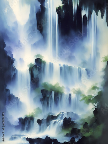Watercolor paint of Waterfall. AI generated illustration
