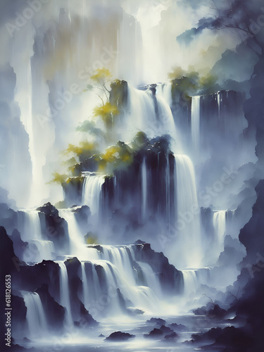 Watercolor paint of Waterfall. AI generated illustration