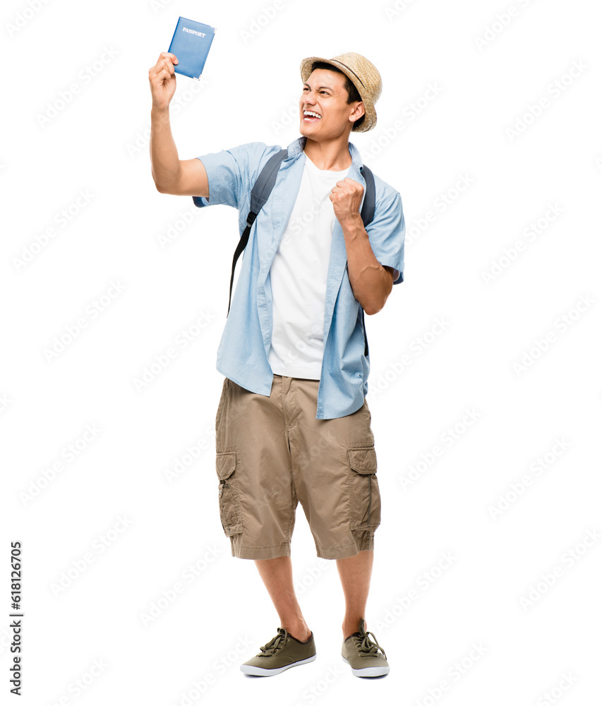 Passport, travel and man excited for vacation, holiday or tourism on white studio background for adventure or flight. Airport, document and person ready with id, boarding pass or papers for journey Passport, travel and man excited for vacation, holiday or tourism on white studio background for adventure or flight. Airport, document and person ready with id, boarding pass or papers for journey