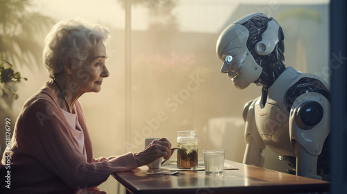 An elderly lady engaging in a conversation with a robot
