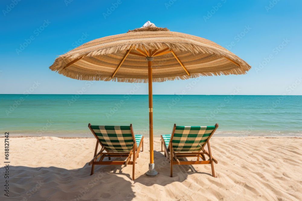 Tranquil Beach Chairs and Umbrella in Paradise. Generative AI