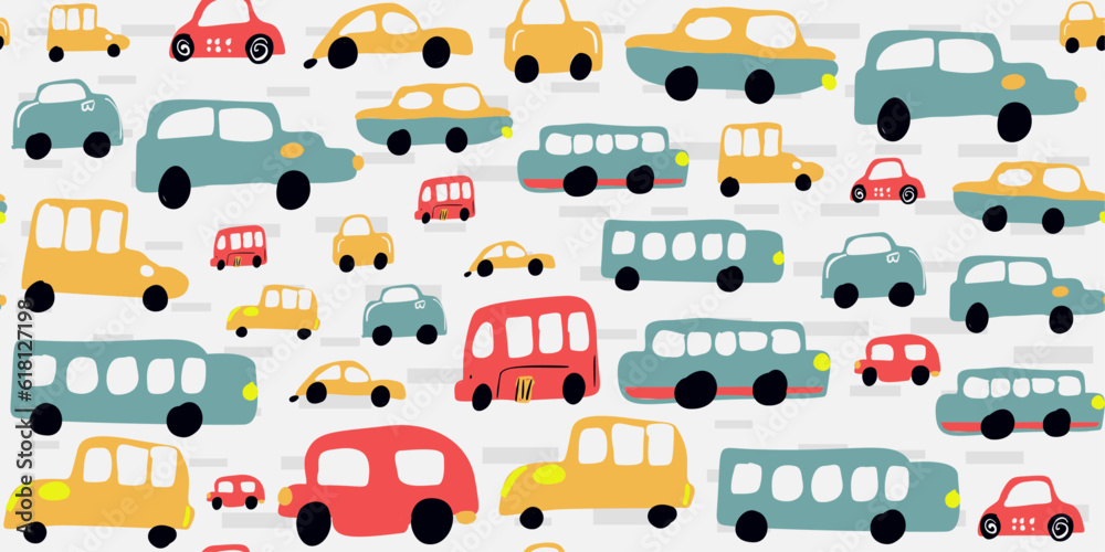 Seamless Pattern Cartoon vehicles, funny car toys, and playful characters for kids. Perfect for book covers, wallpapers, baby showers, apparel. Seamless Pattern Cartoon vehicles, funny car toys, and playful characters for kids. Perfect for book covers, wallpapers, baby showers, apparel.