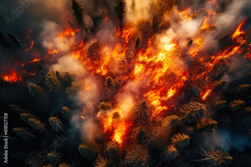 Aerial View of a Raging Forest Fire. Generative AI