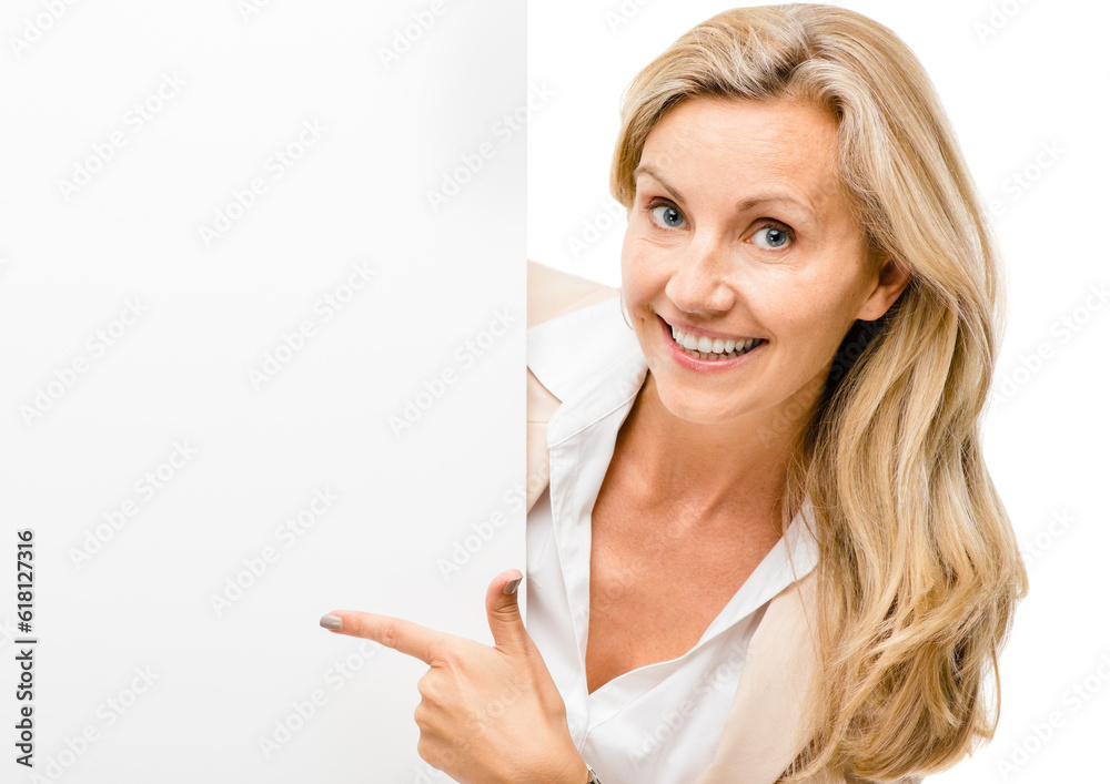 Happy woman, portrait and pointing to billboard on mockup space for advertising isolated on a white studio background. Female person or employee with paper, sign or poster for banner or advertisement Happy woman, portrait and pointing to billboard on mockup space for advertising isolated on a white studio background. Female person or employee with paper, sign or poster for banner or advertisement