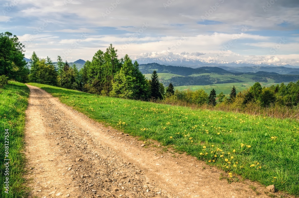 Spring landscape in Polish mountains. Mountain trail and forested hills.