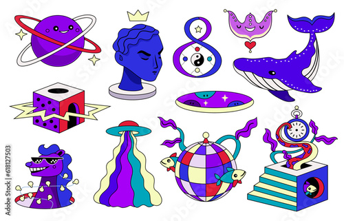 Groovy retro sticker pack of funny characters, animals and surreal objects. Vector illustration. Vintage hippy abstract set of elements in trendy psychedelic weird cartoon style