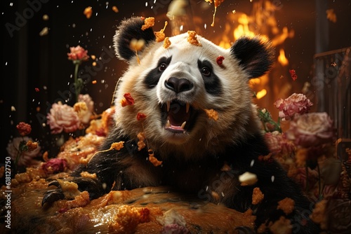 Panda Pizzamania Pandemonium: Step into a world where pandas run an eccentric pizzeria, tossing dough with their fluffy paws and creating pizzas illustration generative ai photo