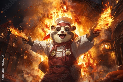 Panda Pizzamania Pandemonium: Step into a world where pandas run an eccentric pizzeria, tossing dough with their fluffy paws and creating pizzas illustration generative ai photo