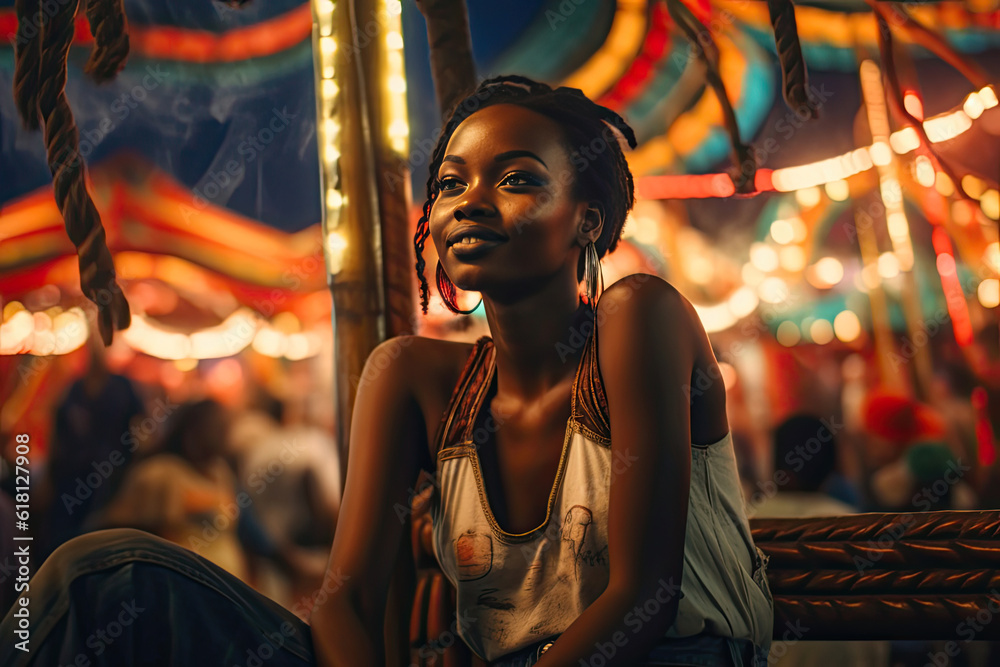 Vibrant African Woman Enjoying the Amusement Park. Generative AI