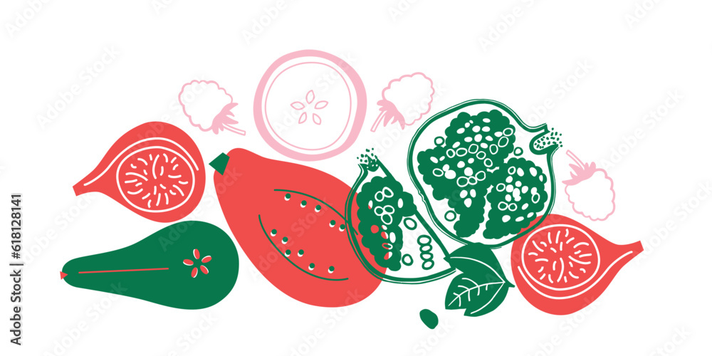 Appetizing fruit and berries collection. Decorative abstract horizontal banner with colorful doodles. Hand-drawn modern illustrations with fruit and berries, abstract elements. Abstract series Appetizing fruit and berries collection. Decorative abstract horizontal banner with colorful doodles. Hand-drawn modern illustrations with fruit and berries, abstract elements. Abstract series