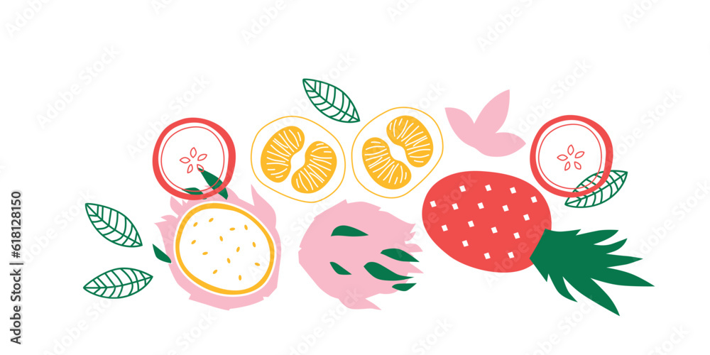 Appetizing fruit and berries collection. Decorative abstract horizontal banner with colorful doodles. Hand-drawn modern illustrations with fruit and berries, abstract elements. Abstract series Appetizing fruit and berries collection. Decorative abstract horizontal banner with colorful doodles. Hand-drawn modern illustrations with fruit and berries, abstract elements. Abstract series