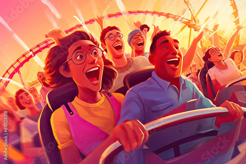 Vibrant Youth Captivated by Roller Coaster. Generative AI