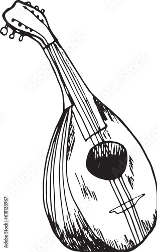 Mandoline classical musical instrument vector illustration isolated. Symphony orchestra stringed instrument silhouette ink hand drawn. Black white element for design postcard, brochure, invitation