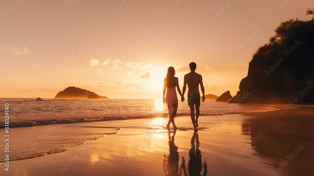 Sunset with Couple Walking on Tropical Beach at Dusk Till Dawn