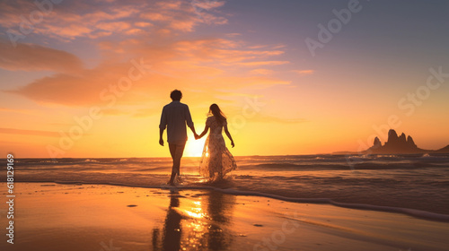 Sunset with Couple Walking on Tropical Beach at Dusk Till Dawn © Richard